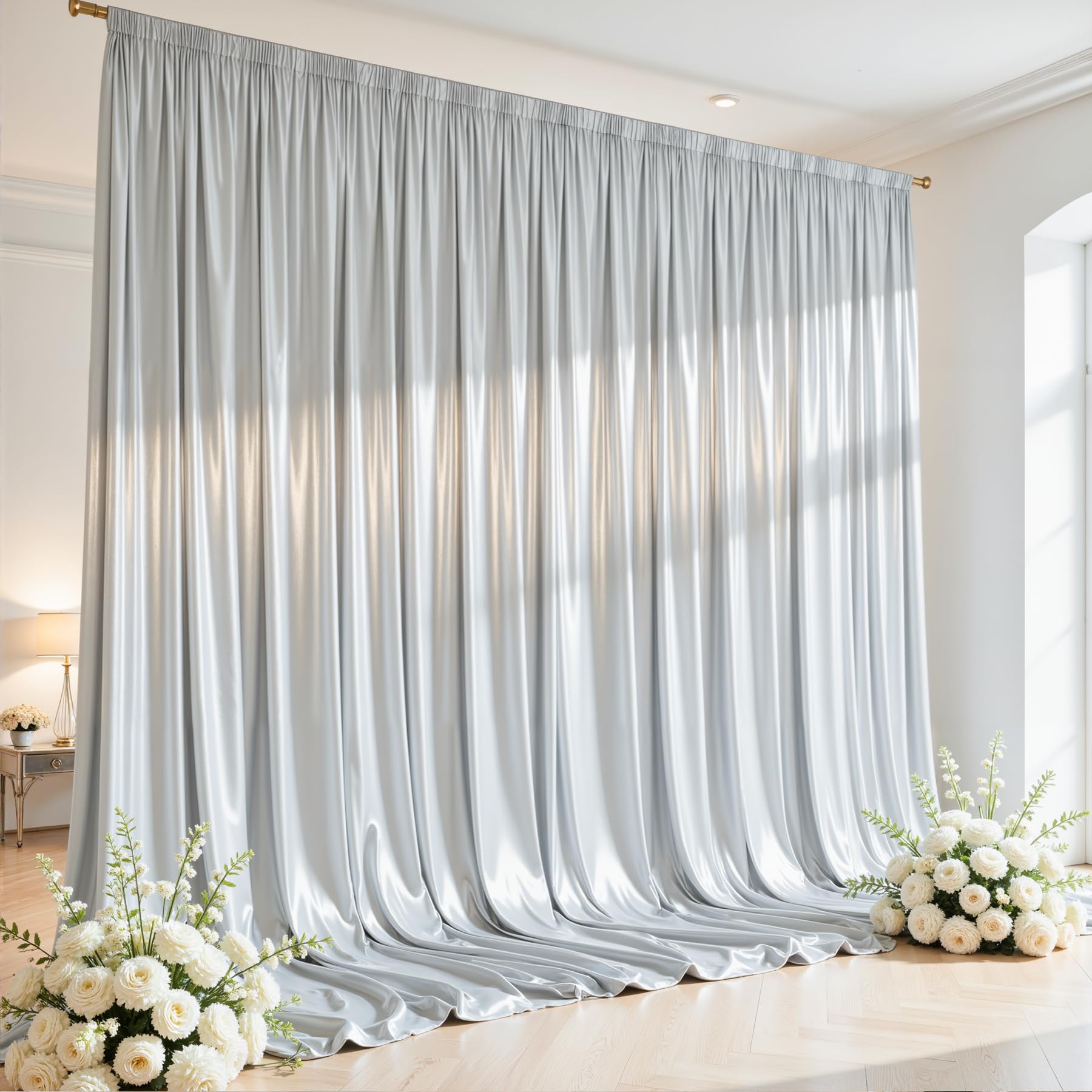 Photo 1 of 10x10ft Silver Glitter Backdrop Curtain for Parties, Wrinkle Free Satin Photo Backdrop Drapes 2 Panels 5x10FT Shimmer Back Drop Cloth for Wedding Birthday New Year Stage Photography Background Decor