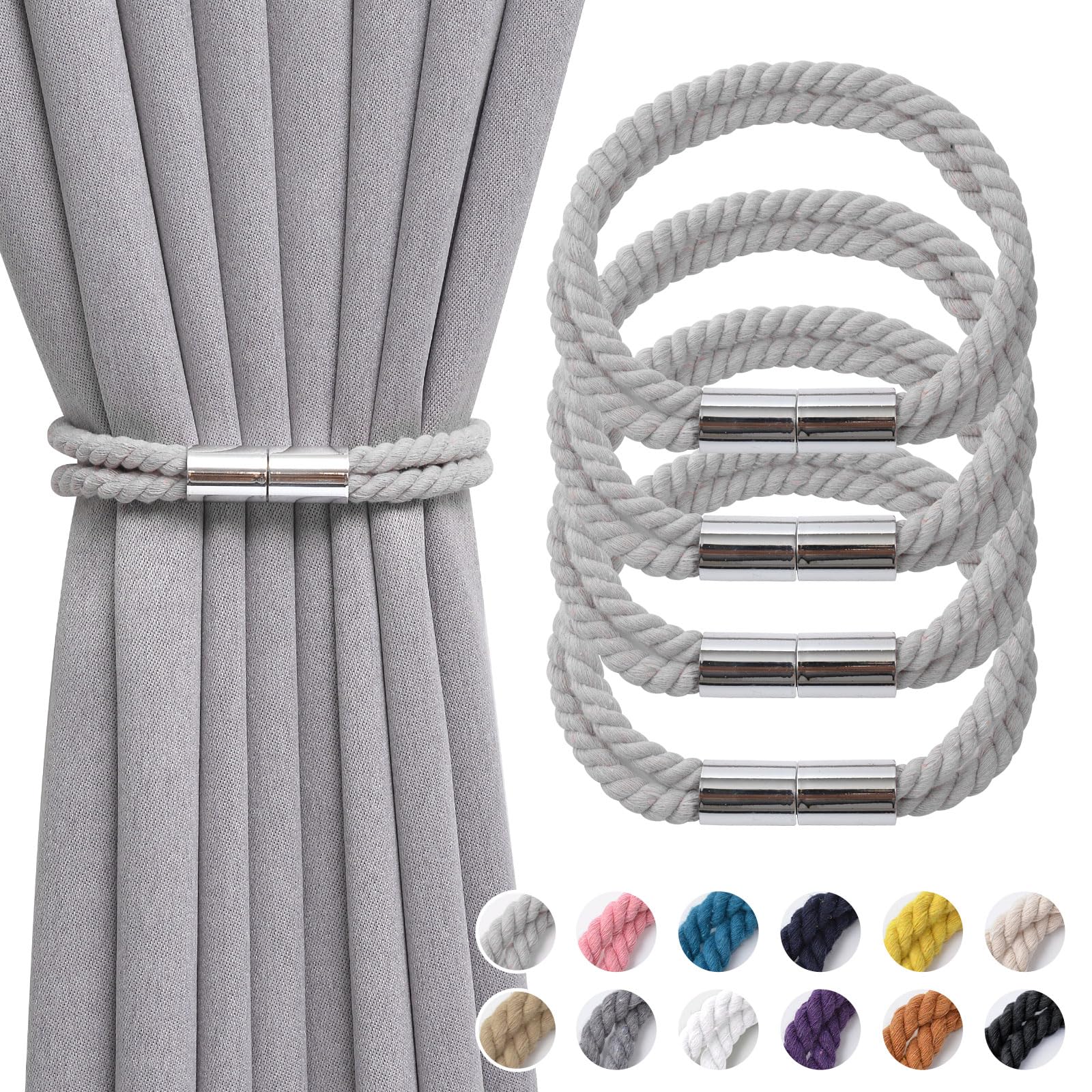 Pretty Jolly 4 Pack Strong Magnetic Curtain Tiebacks Boho Decoration Drape Tie Backs Natural Cotton Handmade Double Rope Curtain Holdbacks for Thin or Thick Home Office Window Drapery (Light Grey 4)
