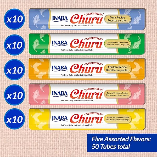 INABA CHURU CAT TREATS, GRAIN-FREE, LICKABLE, SQUEEZABLE CREAMY PURÉE CAT TREAT/TOPPER WITH VITAMIN E & TAURINE, 0.5 OUNCES EACH TUBE, 50 TUBES, TUNA & CHICKEN VARIETY