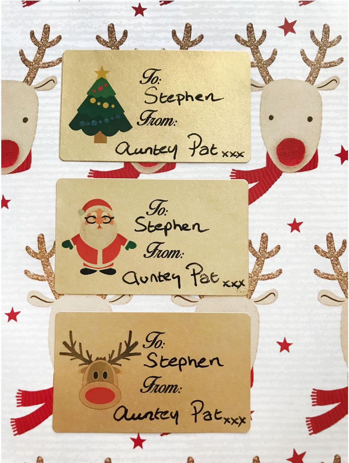 21 Christmas Gift tag Stickers. Metallic Gold Material self Adhesive Christmas Labels. Featuring Rudolph, Santa and a Christmas Tree