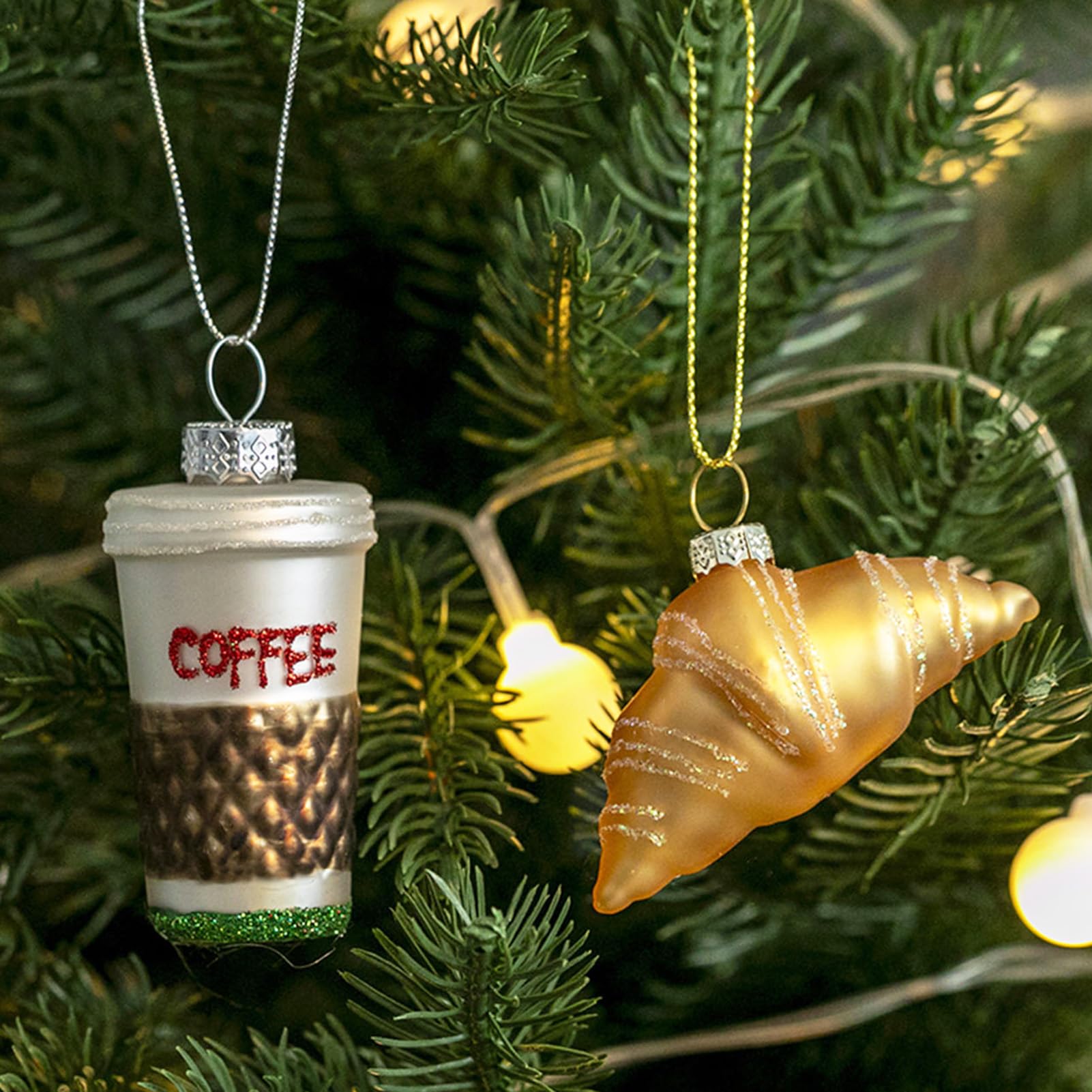 Amanman Glass Christmas Ornaments 2022, 2 Pieces, Croissant and Coffee Blown Glass, Christmas Tree Decorations