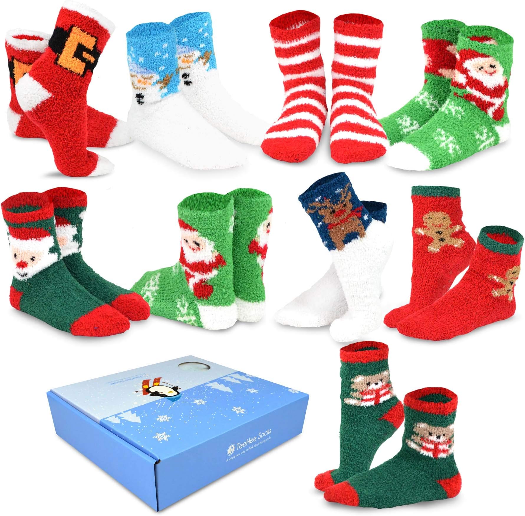 TeeHee Winter Holiday Cozy Fuzzy Fluffy Fun Slipper Socks 9-Pair with Gift Box (Christmas Holiday)