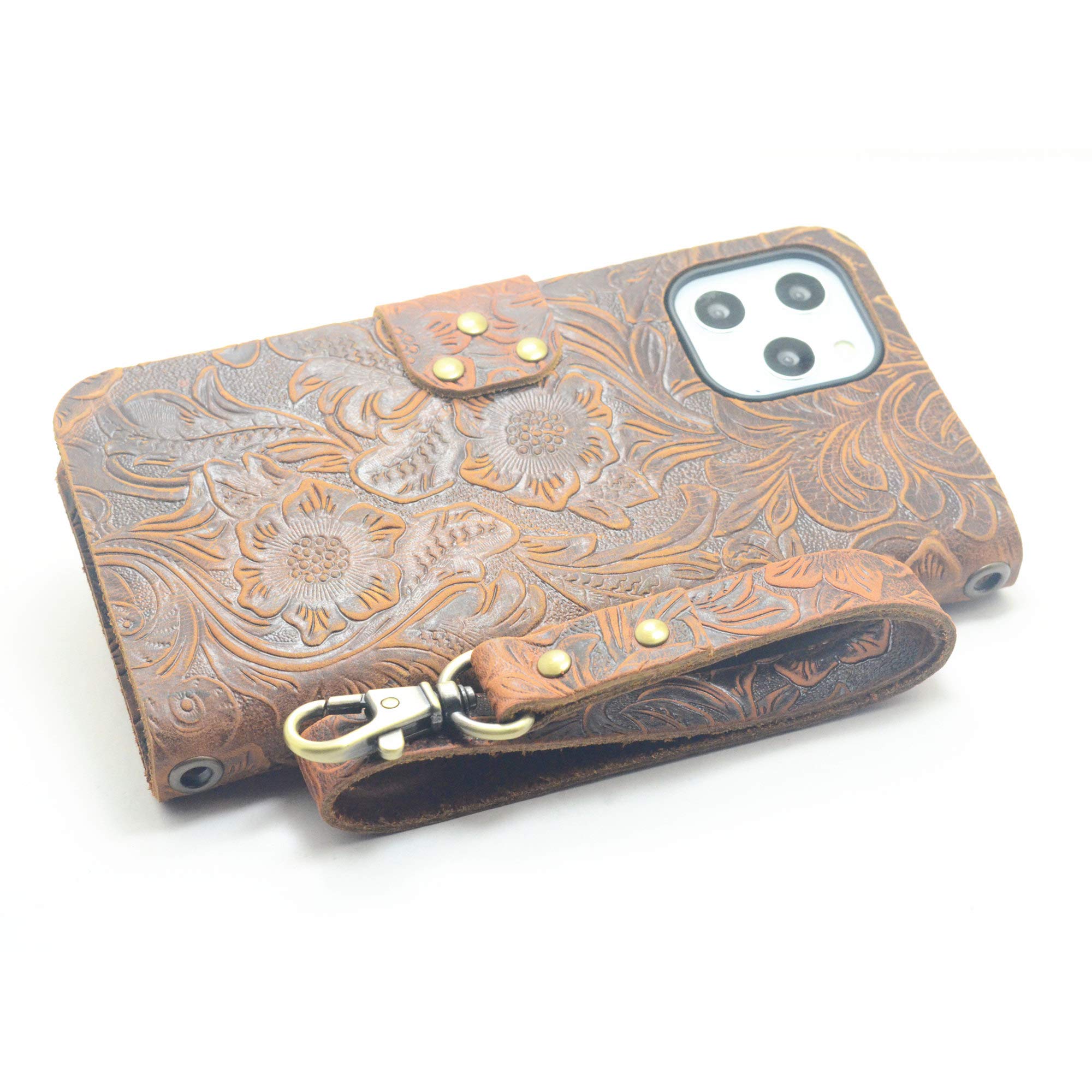 JJNUSA Compatible with iPhone 13 pro max 6.7 inch 2021 Handmade Genuine Distressed Leather Wallet Case Flip Cover with Wristlet Brown