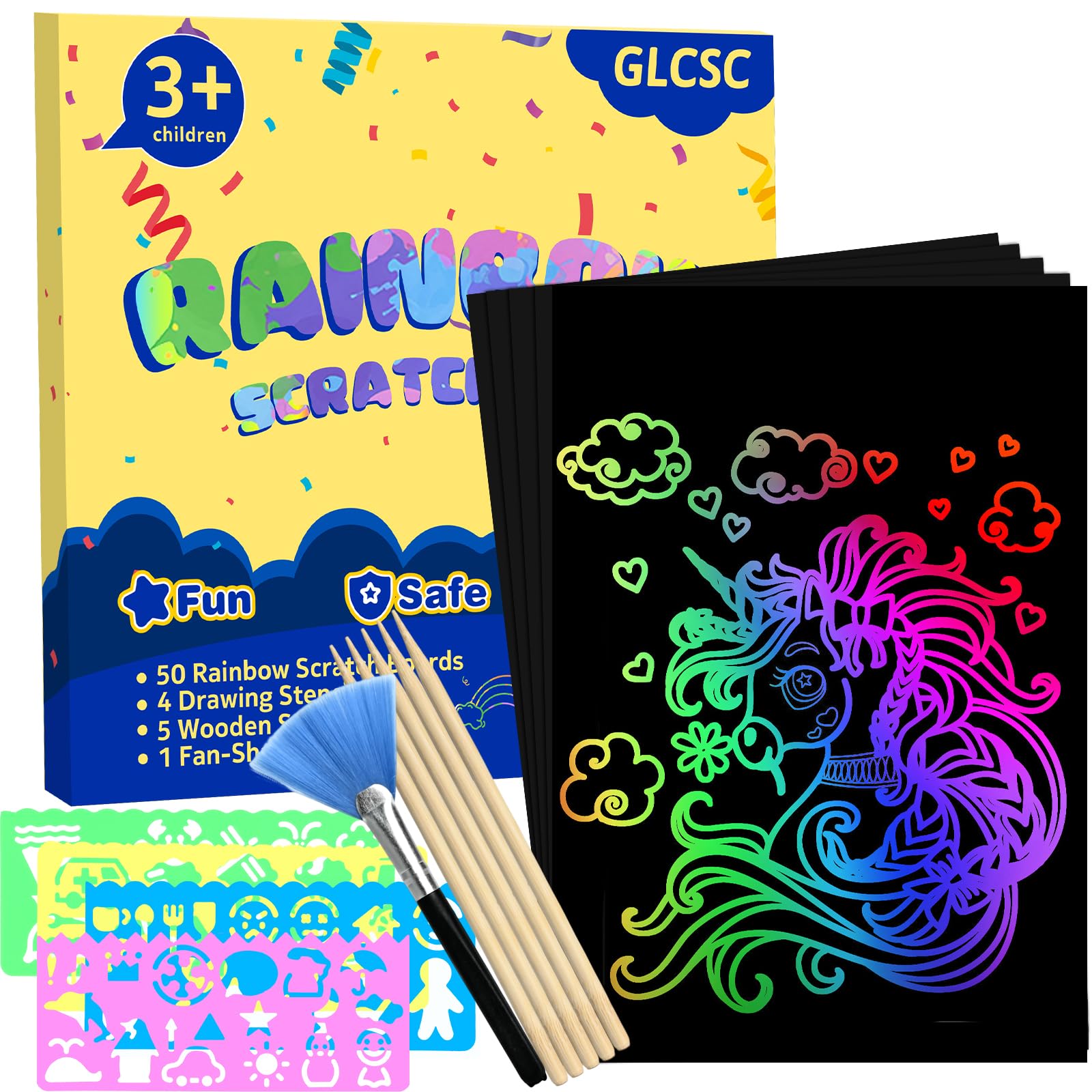 GLCSC 60 Pcs Scratch Art for Kids, Rainbow Scratch Paper, Black Magic Scratch Off Craft Set for 3 4 5 6 7 8 9 10 Years Old Girls and Boys Kids, Party Games Christmas Birthday Easter Gifts