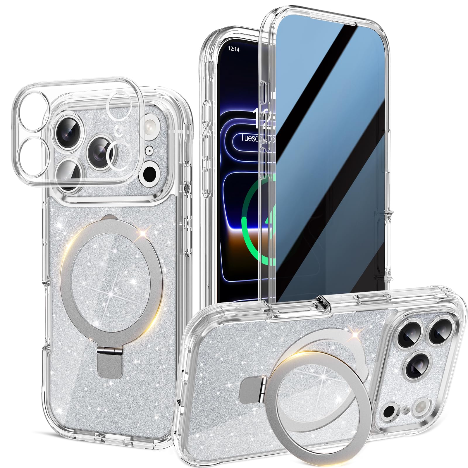 magnetic privacy case for iphone 17 pro [diy glitter cardstock] [invisible magnetic kickstand] built