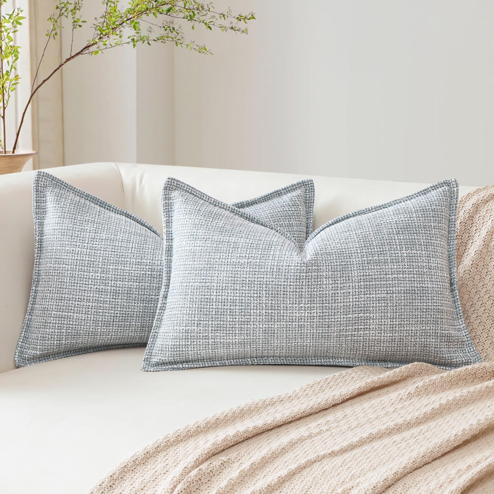 Photo 1 of OTOSTAR Pack of 2 Blue Grey Decorative Pillow Covers 16x24 Inch Soft Linen Texture Couch Throw Pillows Farmhouse Cushion Covers with Elegant Design for Sofa Bedroom Living Room Home Decor 40 x 60 CM