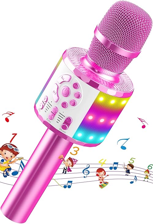 Karaoke Wireless Microphone, Kids Bluetooth Mic with LED, Wireless Karaoke Handheld Speaker Toy for Boys Girls, Home KTV/Parties Popular Singing Support Android & iOS Devices