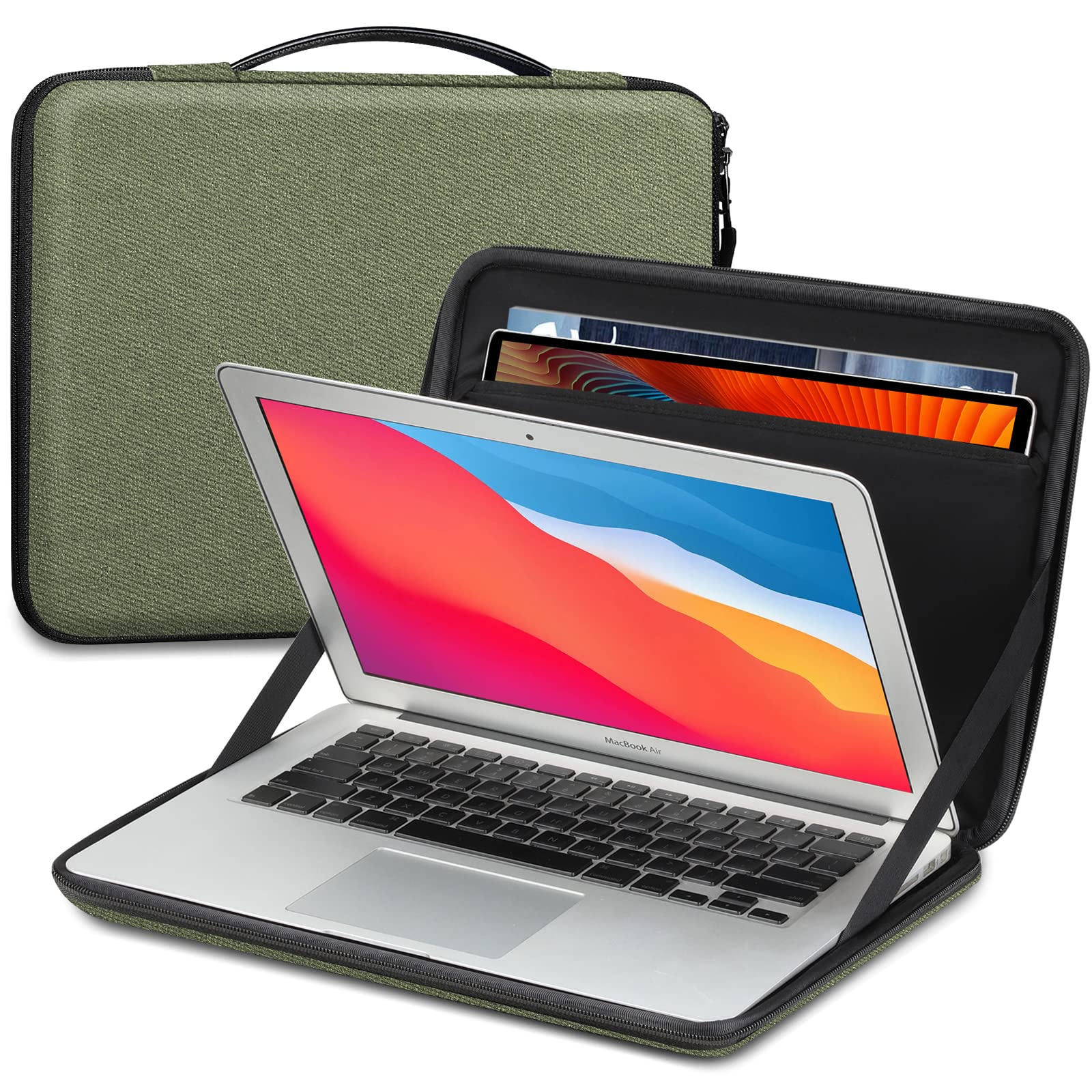 FINPAC Hard Laptop Sleeve Case for MacBook Air 13.6 Inch (2025/2024/2022) M4/M3/M2, Macbook Pro 13 Inch (2022-2016) M2/M1 - Shockproof Carrying Cover Bag w/Tablet Pocket for 9.7-12.9" iPad, Olive