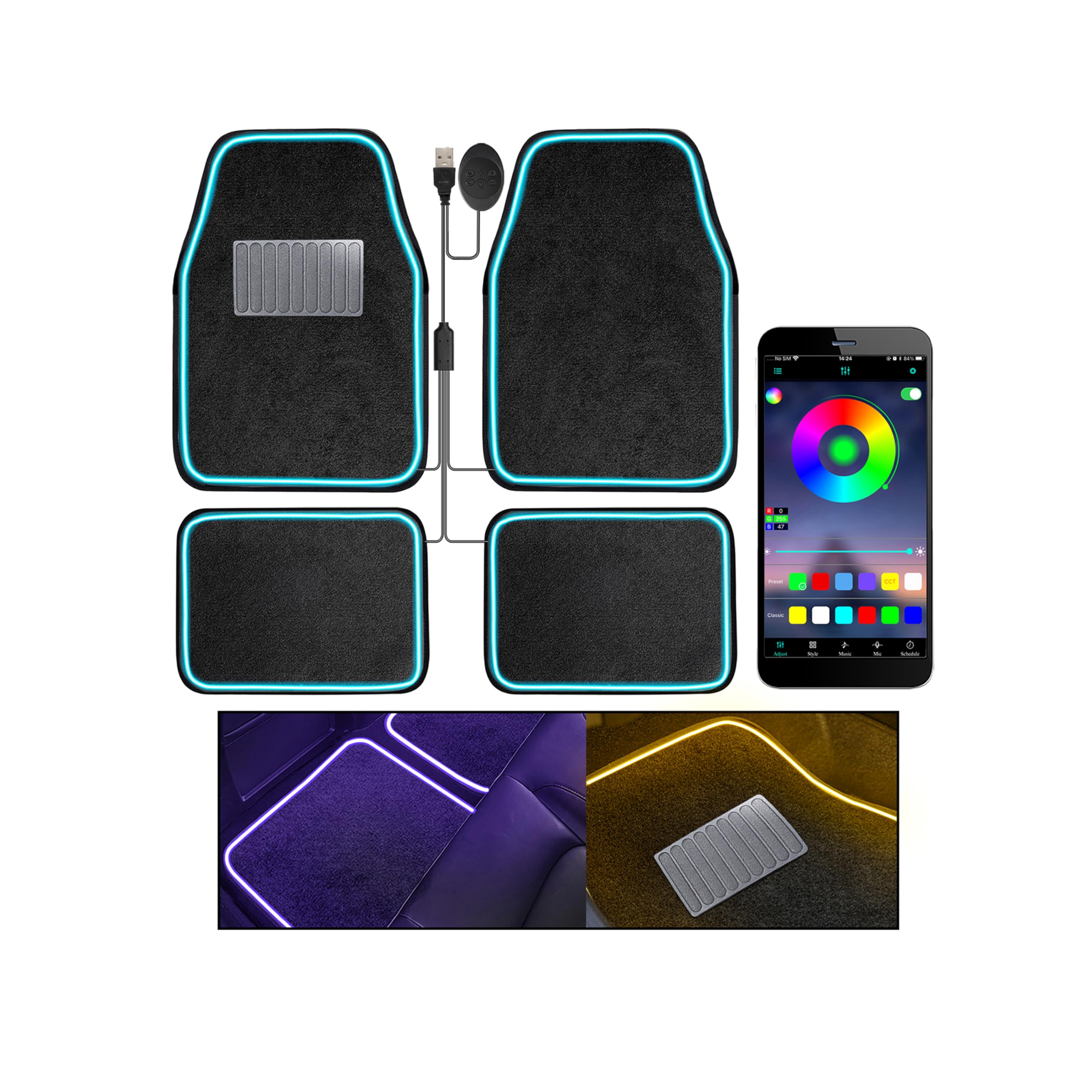 Photo 1 of Soft Car Floor Mats with Led Strip Light, App Control Leather Interior Car Lights Floor Mats, Universal Fit Black Automotive Carpet, Anti-Slip Waterproof RGB Car Decor Accessories for SUV,Sedan,Jeeps