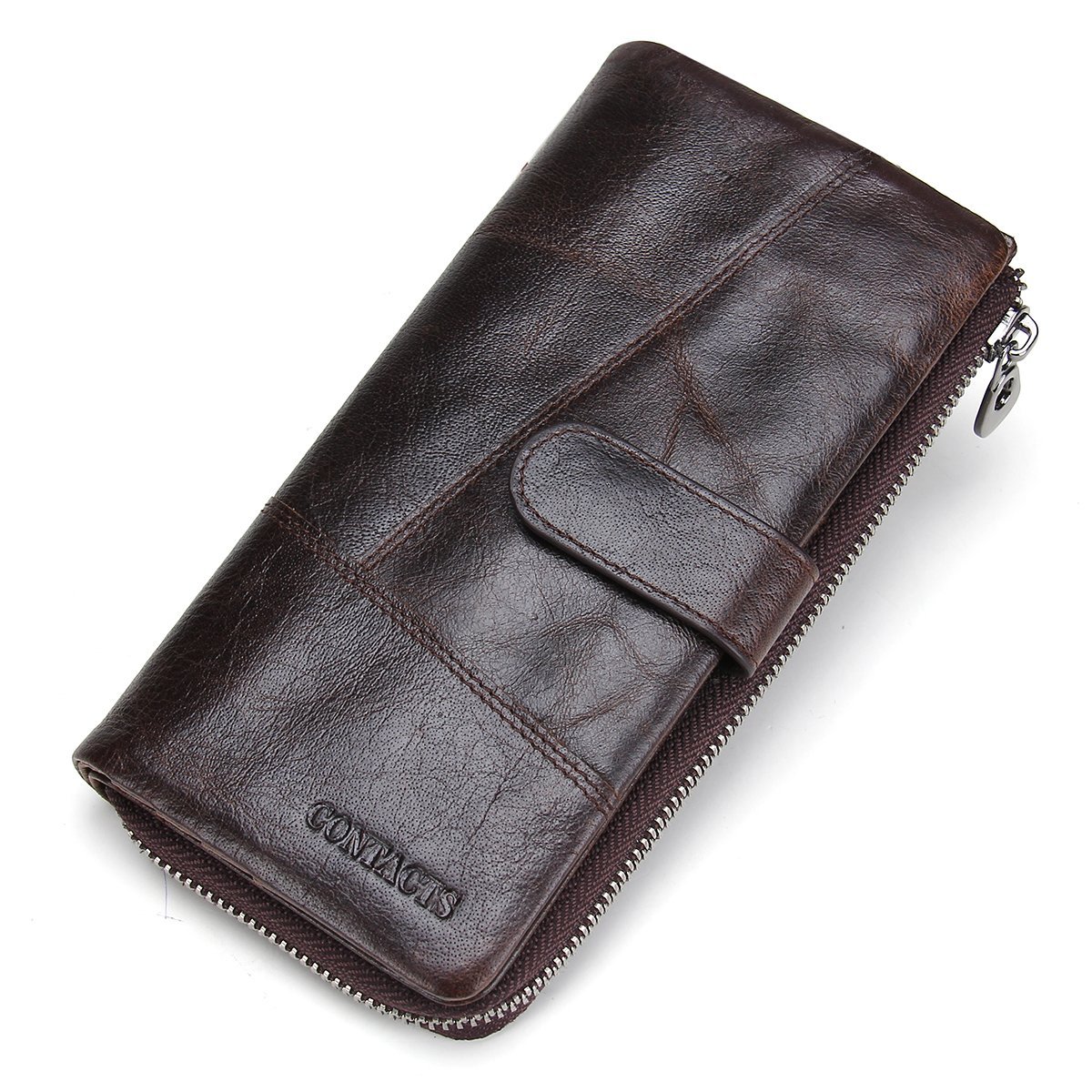 CONTACTS Genuine Leather Cowhide Mens Secretary Long Zipper Wallet 12 Card Slots Dark Brown