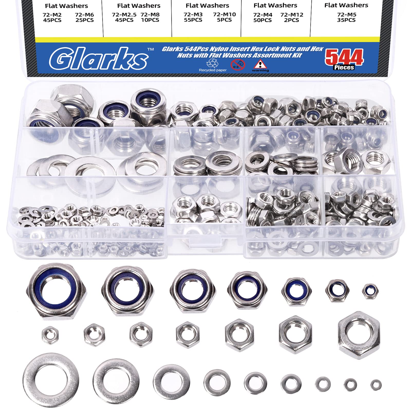 Glarks 544Pcs Nylon Insert Hex Lock Nuts and Hex Nuts with Flat Washers Assortment Kit, 304 Stainless Steel Metric Sizes M2 M2.5 M3 M4 M5 M6 M8 M10 M12