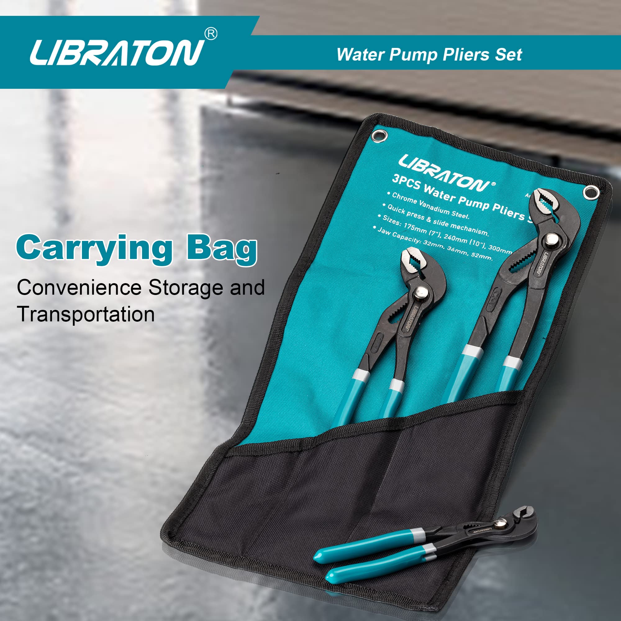 Libraton Wasserpumpenzange Set, Wasserpumpen Zangen-Sets mit Aufbewahrungsbeutel, Rohrzange aus Cr-V Stahl, 3-Teilige Schnelleinstellung Universalzange mit Rillen-Gleitgelenk 6