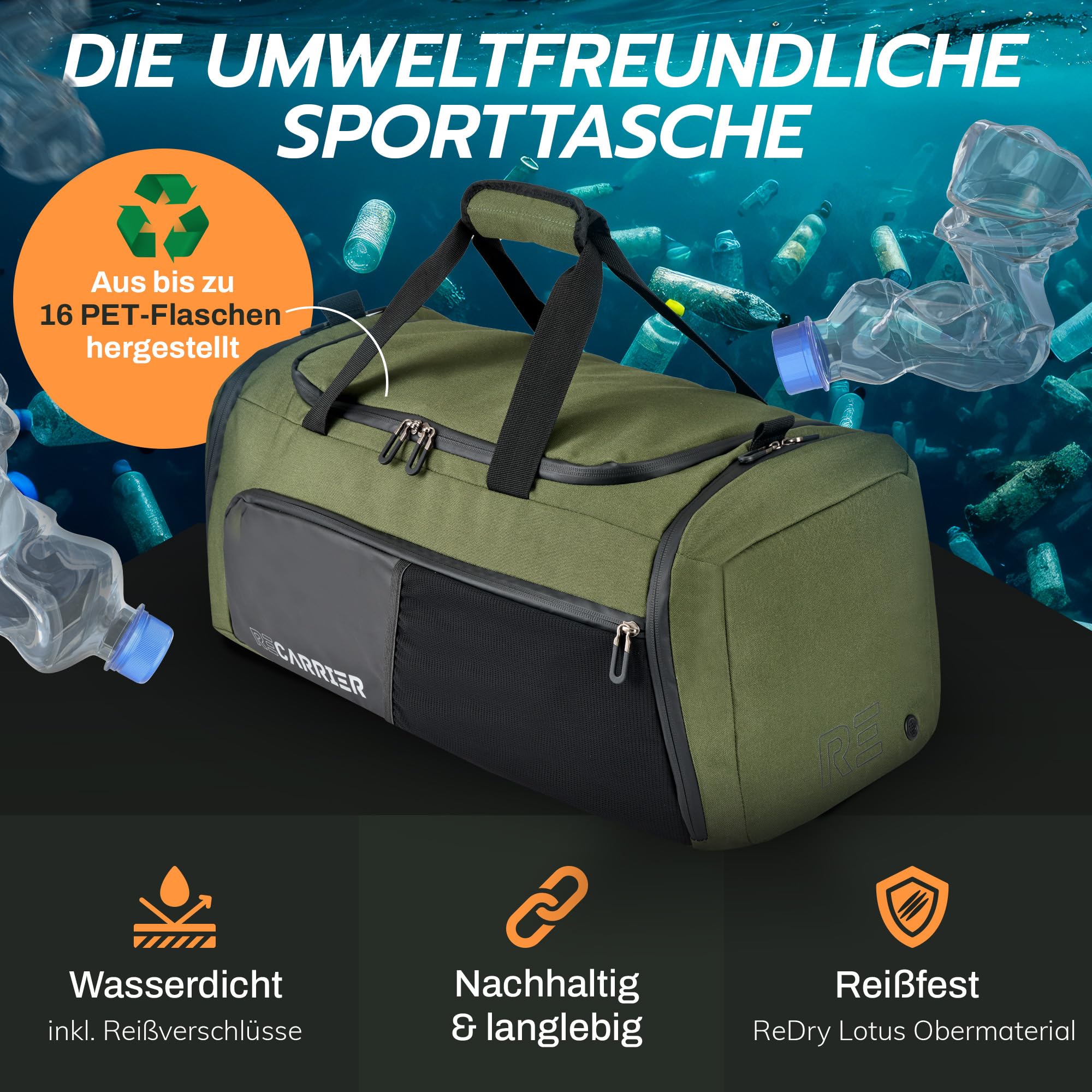RECARRIER Sporttasche [RECYCELTES PET] 50L – Gym Bag und Rucksack in Einem –wasserdichte Trainingstasche Herren Damen–Sportrucksack wasserdicht mit Schuhfach Fitness, Reisetasche groß (Pinewoodgreen) 3