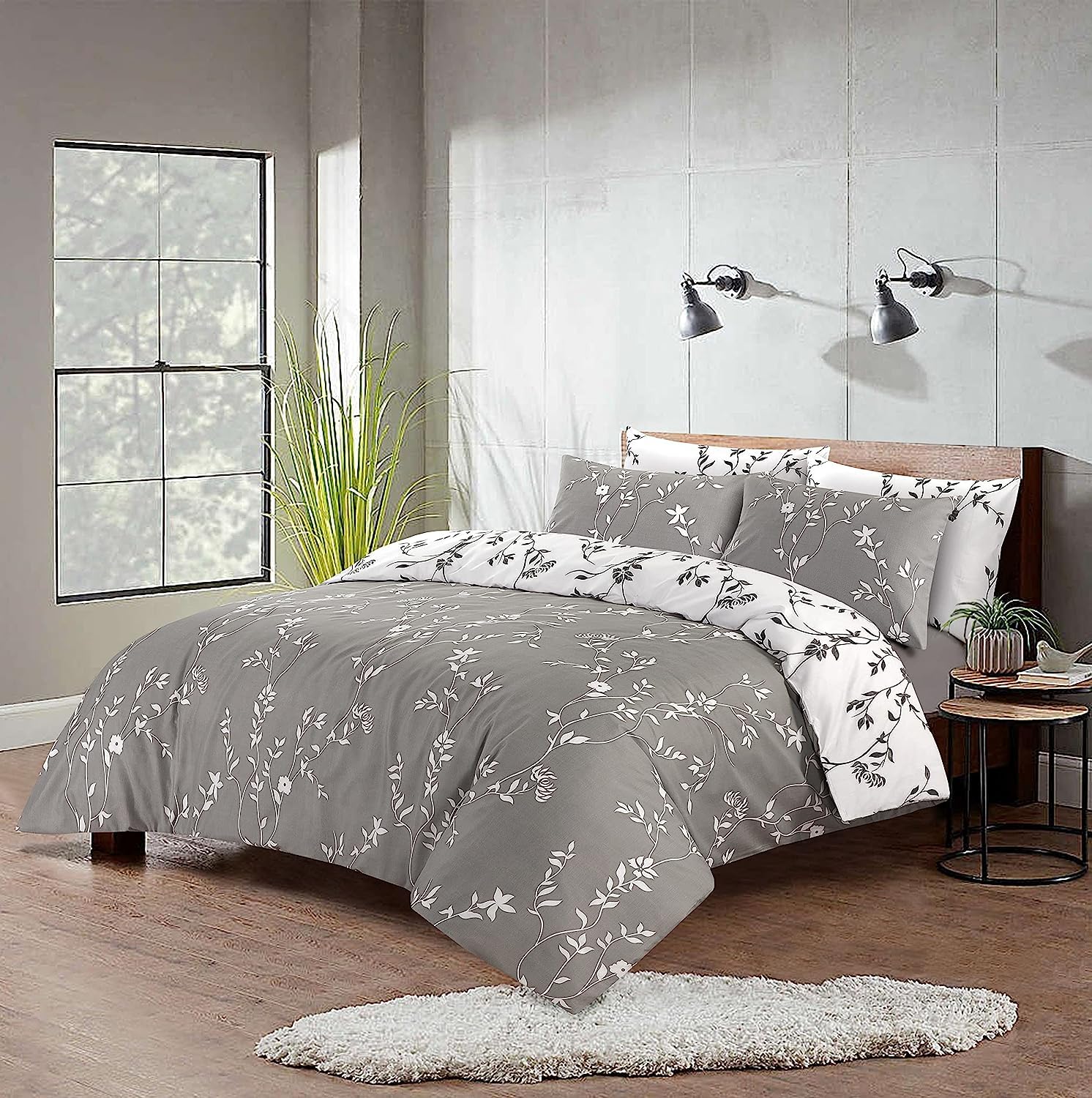 SeventhStitch Floral Duvet Cover Set 200 Thread Count Reversible White/Silver/Grey Luxury Printed Bedding Sets | 100% Cotton Quilt Covers Double King SuperKing (Super King)