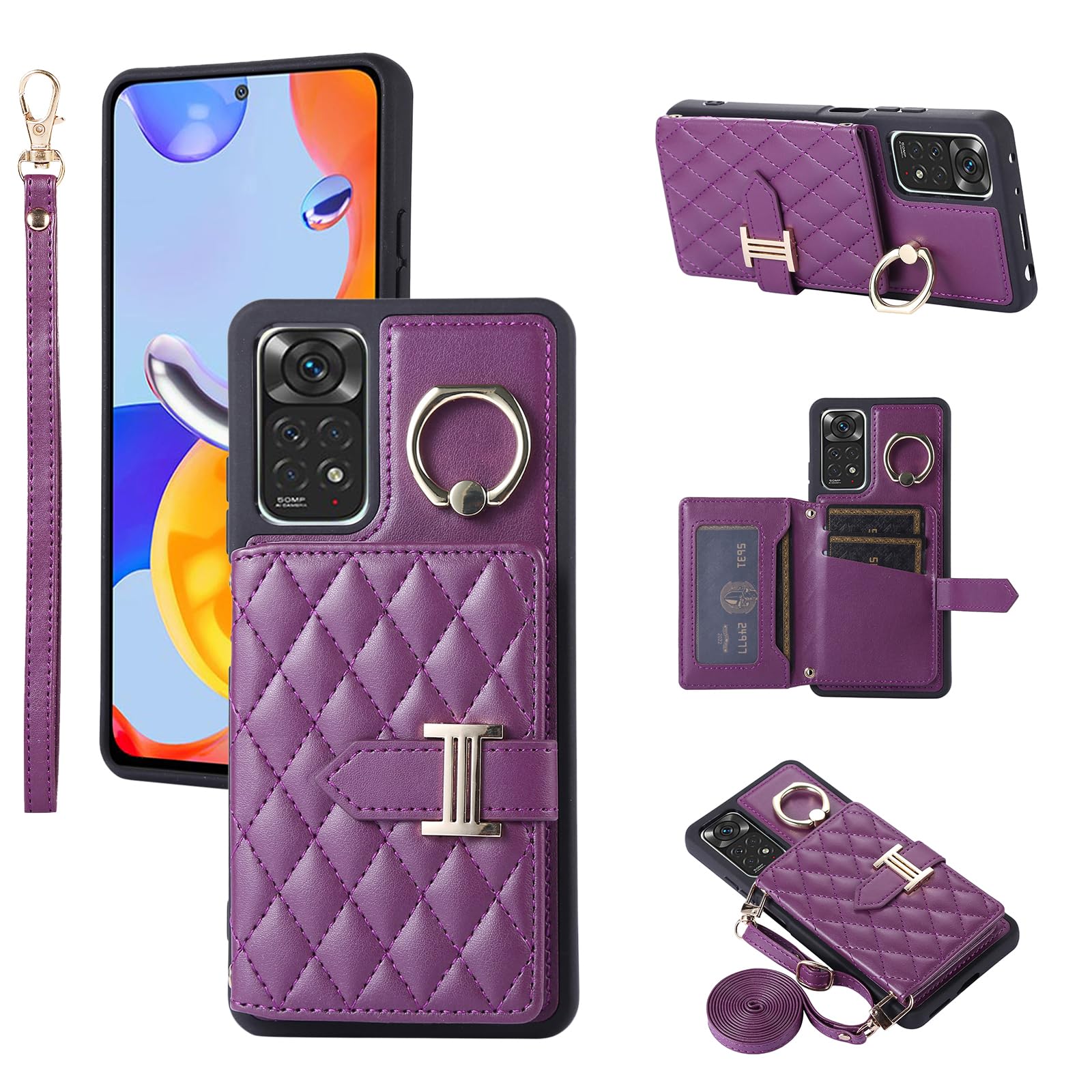 Phone Case For Xiaomi Redmi Note 11 Pro 4G/5G Wallet Cover with Crossbody Shoulder Strap and Leather Credit Card Holder 360°Rotation Ring Kickstand Cell Accessories Redme Note11 11E 11Pro Wine Red