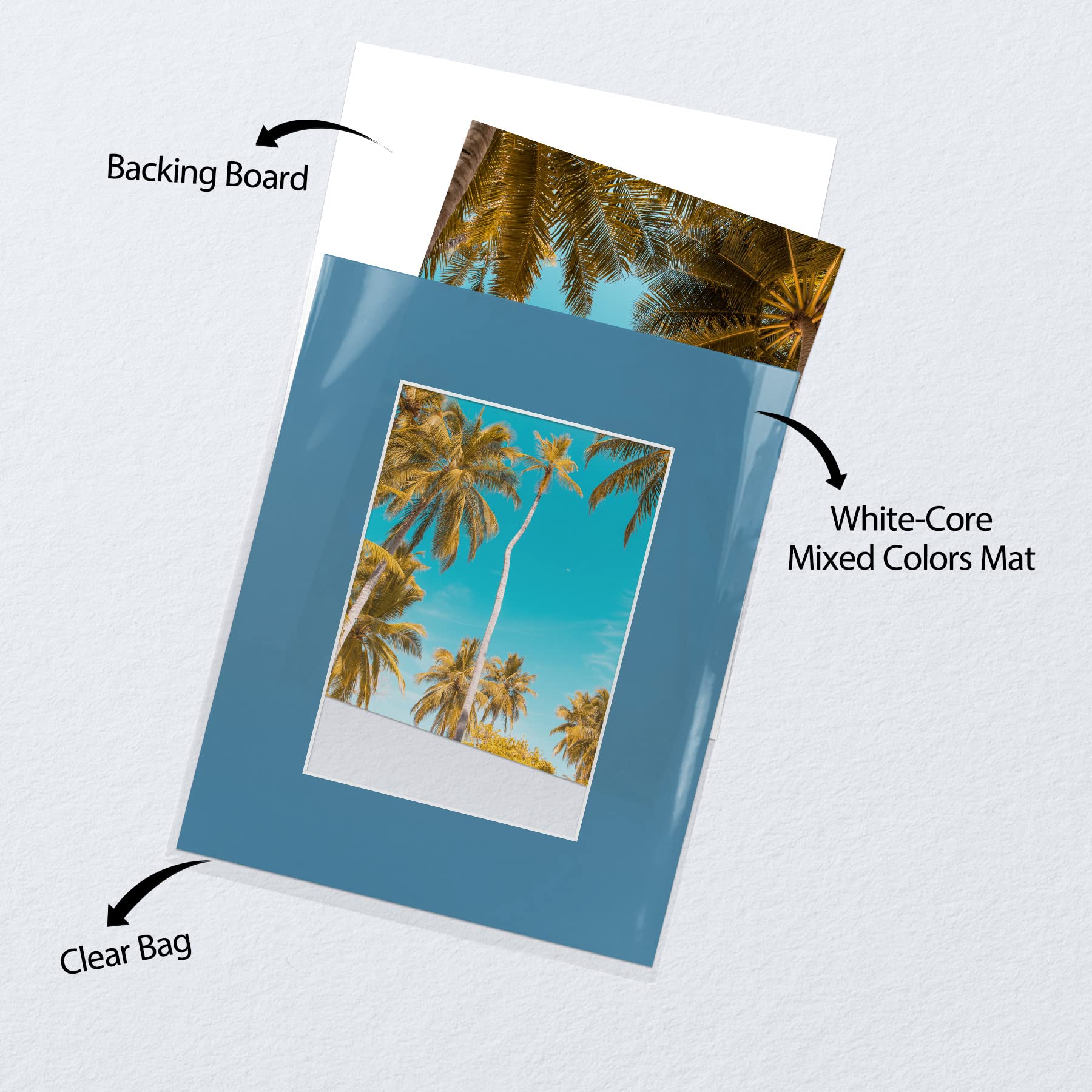 Golden State Art, Pack of 10 Mixed Colors Pre-Cut 8x10 Picture Mat for 5x7 Photo with White Core Bevel Cut Mattes Sets. Includes 10 High Premier Acid Free Mats & 10 Backing Board & 10 Clear Bags