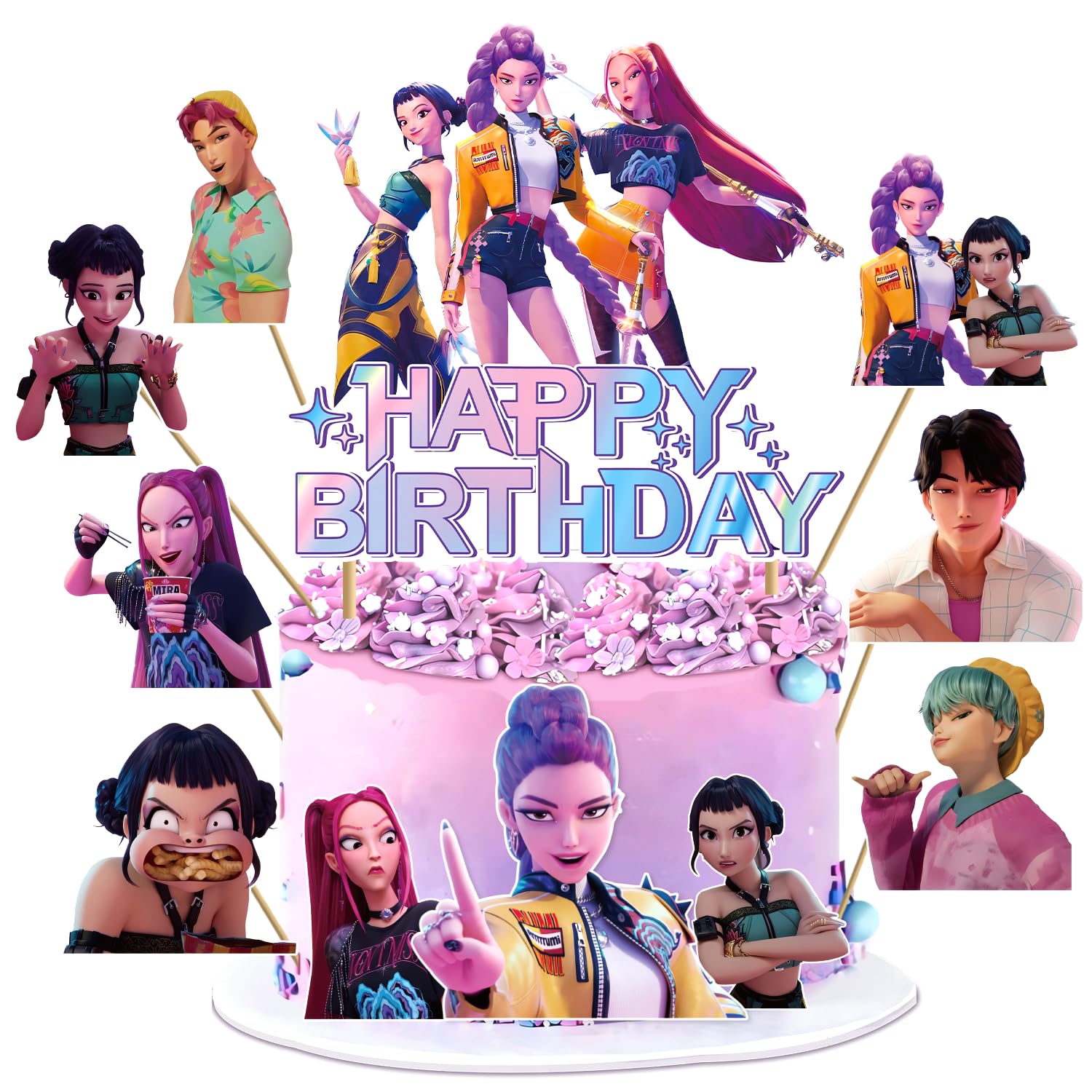 Popular Birthday Cake Topper, Cartoon Cake Decorations Include 1pc Happy Birthday Glittery Cake Topper and 10pcs Cupcake Topper, Fantastic Popular Birth day Party Decorations