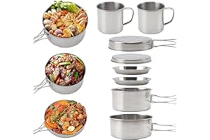 Sonhomay Camping Cookware Mess Kit, 8PCS Stainless Steel Pots & Pan Set with Plates Cups Lightweight Backpacking Cookware for