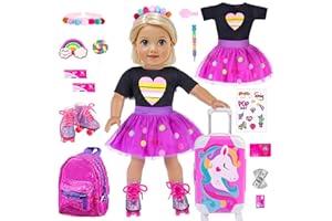 ebuddy 18 Inch Doll Clothes and Accessories Doll Travel Set with Suitcase Roller Skates School Supplies Playset Purple Unicorn Set Including Dress,Suitcase, Roller Skates,Hairpin,Hair Ring(No Doll)