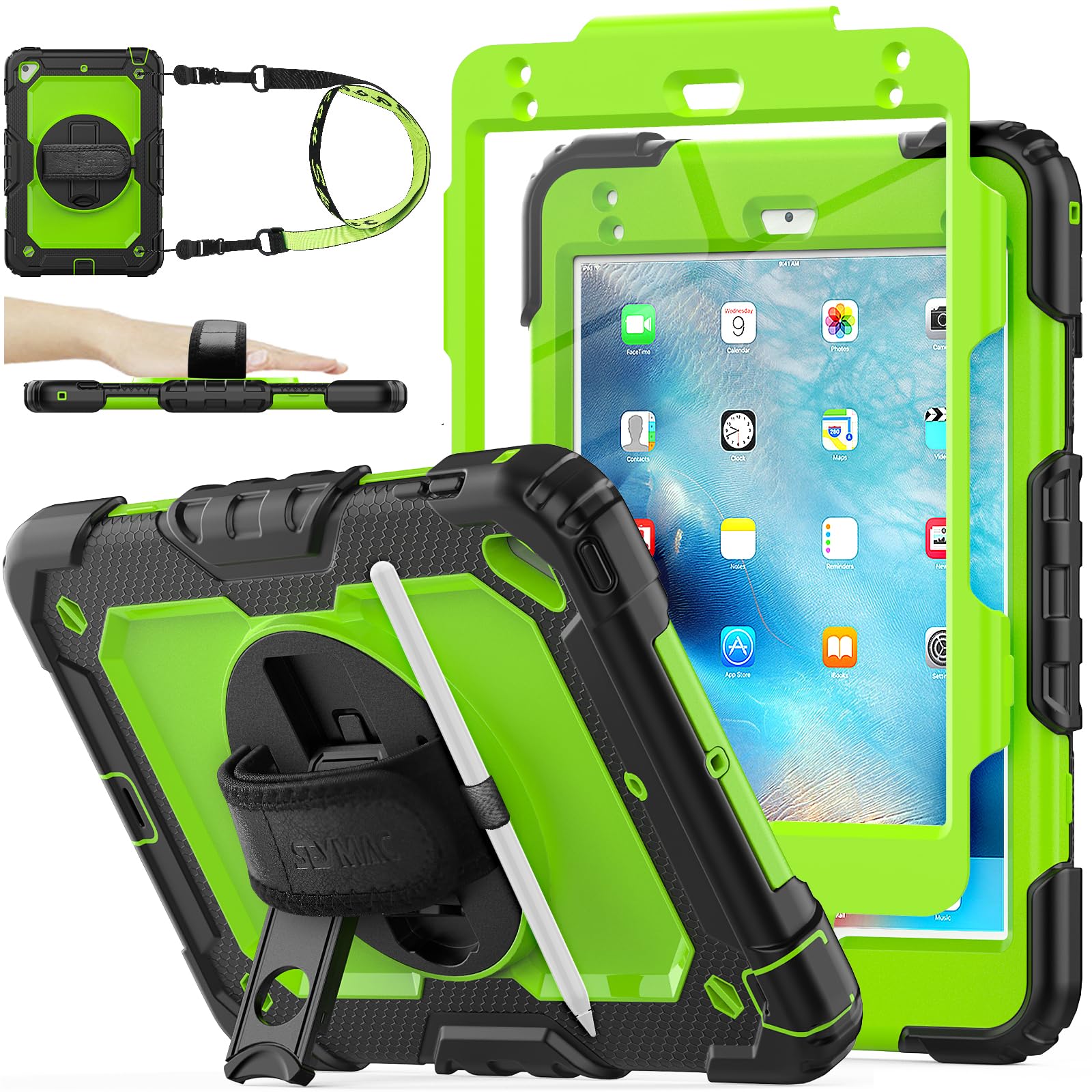 SEYMAC stock Case for iPad Mini 5th/4th Generation 7.9'', Full-body Protective Case with Screen Protector, Pencil Holder, 360° Rotating Stand & Hand Strap for iPad Mini 5/ Mini 4, Green