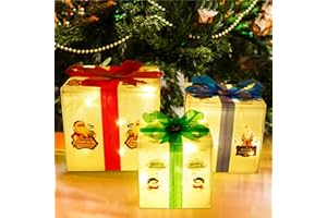 Glory Island Christmas Decorations Lighted Boxes, Set of 3 Lighted Merry Box, Santa Claus Snowman Pattern Box for Xmas Tree Indoor Outdoor Home Fireplace Yard Garden