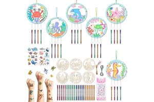 TREACLUB 12Pack Wind Chime Kit for Kids Make Your Own Ocean Animals Wind Chime DIY Coloring Wood Crafts Summer Wooden Arts and Crafts Under Sea Ornaments for Boys Girls School Activities Party Decoration