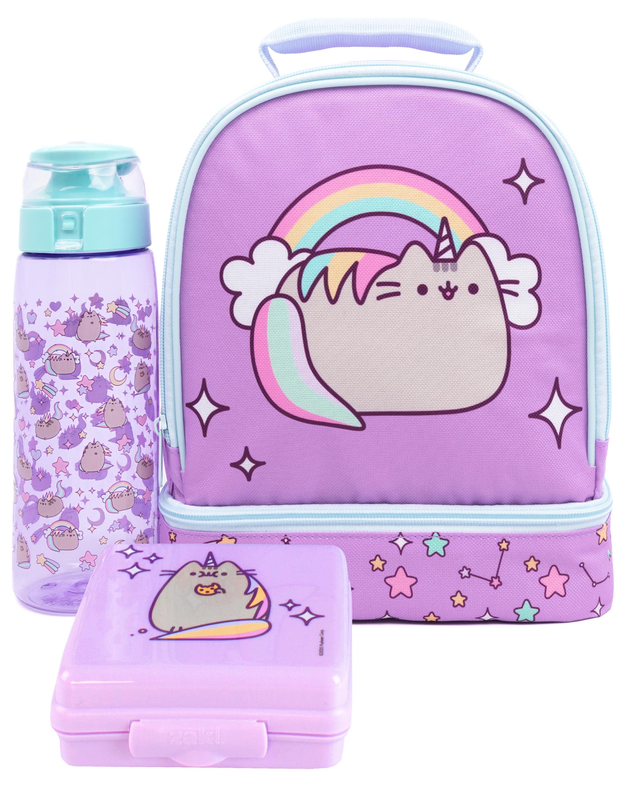 Pusheen Lunch Box for Kids | Unicorn Purple Rainbow Lunch Bag Bottle and Snackpot Set One Size