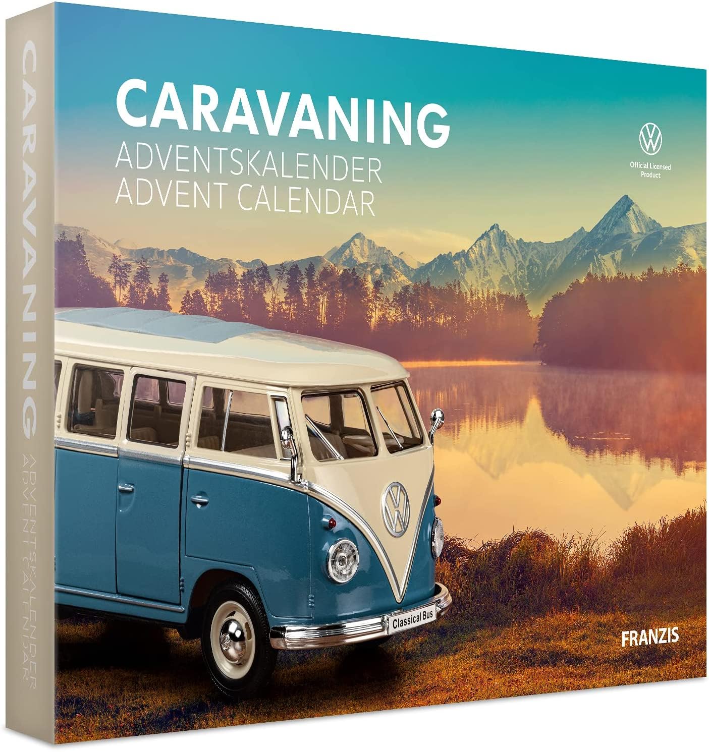 FRANZIS 55115 Caravaning Advent Calendar, VW Bulli T1 Metal Model Kit in 1:24 Scale with 52 Page Accompaniment Book
