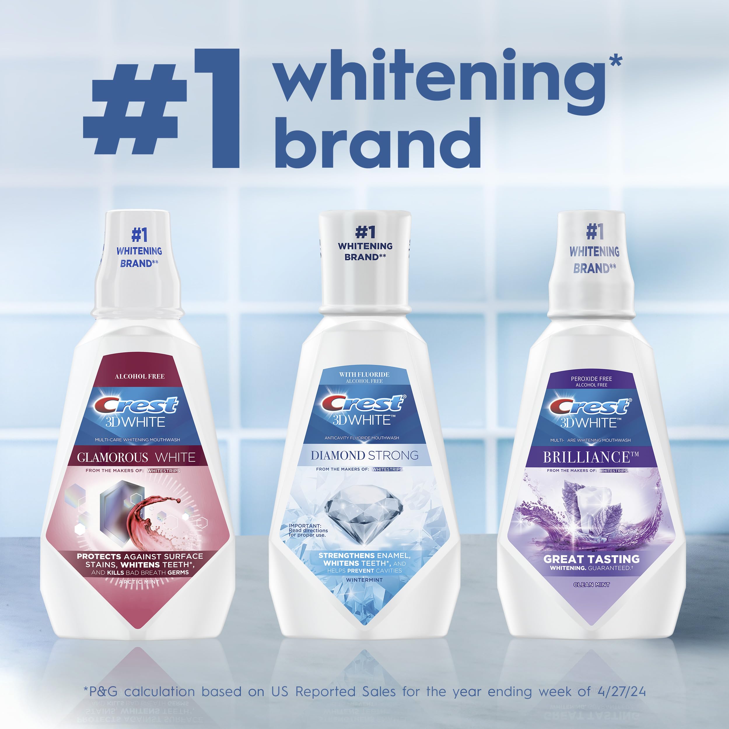 Crest Mouthwash/Mouth Rinse, 3D White Brilliance Whitening, Alcohol Free, Clean Mint, 2x1L (33.8 fl oz)