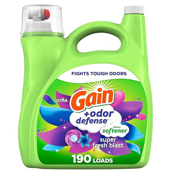 GAIN ODOR DEFENSE LIQUID FABRIC SOFTENER, SUPER FRESH BLAST SCENT, 140 FL OZ, 190 LOADS, 2 IN 1 FRESHNESS PLUS ODOR PROTECTION