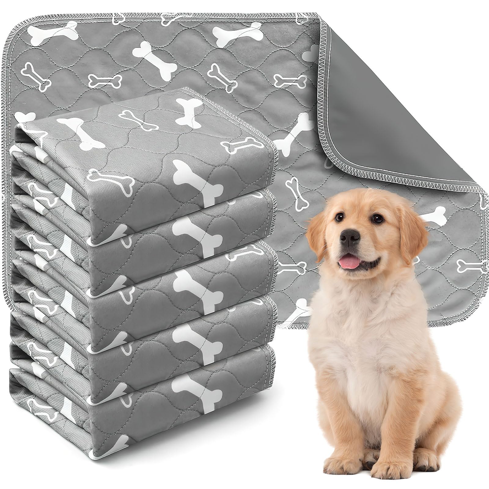 6 Pack Reusable Puppy Training Pad, Fast Drying Washable Puppy Pads, Non-Slip Waterproof Pee Pet Dog Mat for Potty Crate, Home,Travel, Car, (40 x 60cm)