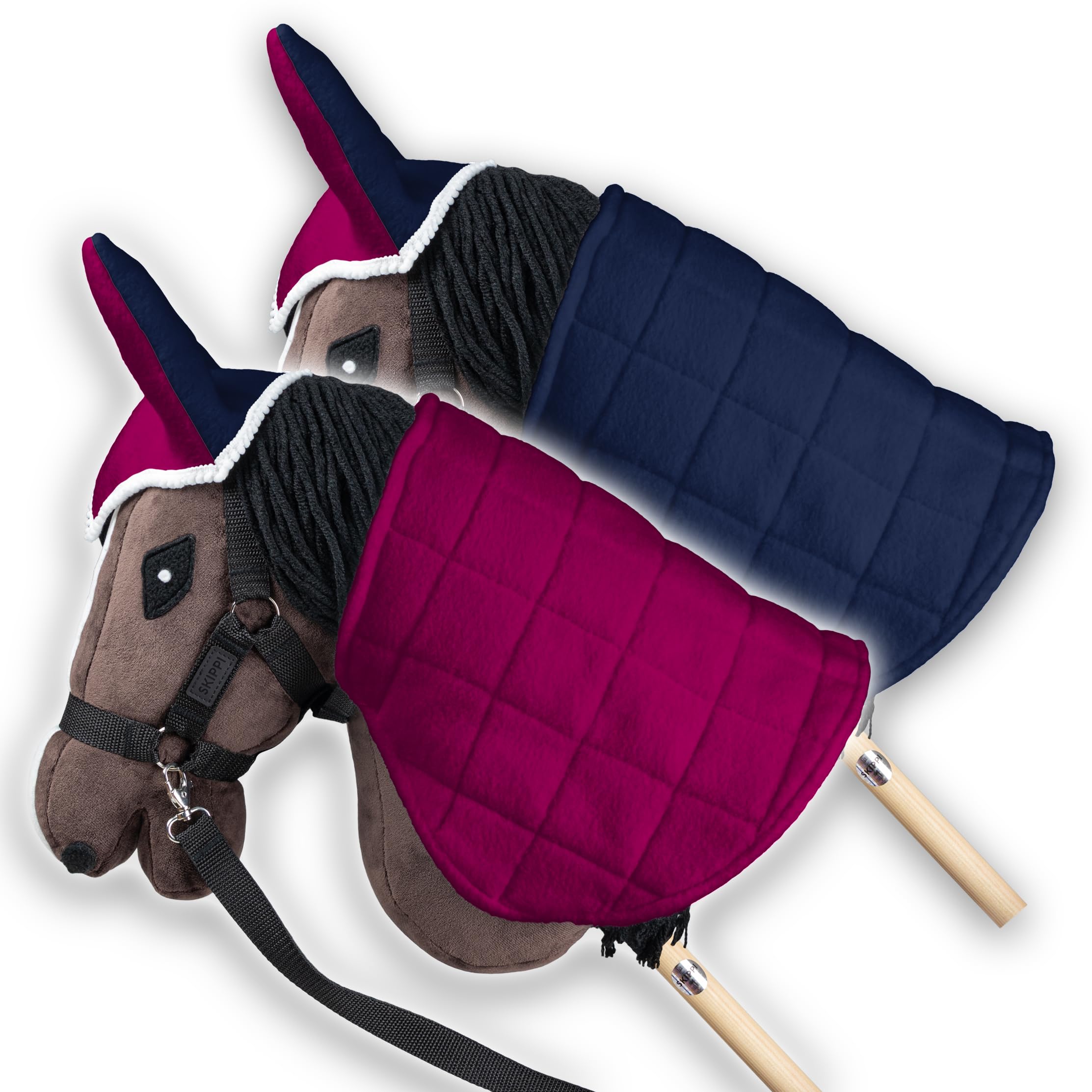 SKIPPI Hobby Horse Blanket and Ear Bonnet - Fuchsia and Navy Blue, Hobby Horse Accessories, Reversible Horse Rug and Fly Veil for Horse on a Stick
