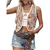 GORGLITTER Women's Western Vest Boho Embroidered Tank Tops Vintage Raw Hem Cropped Cardigan Cowgirls Redeo Outfits Multicolor Small
