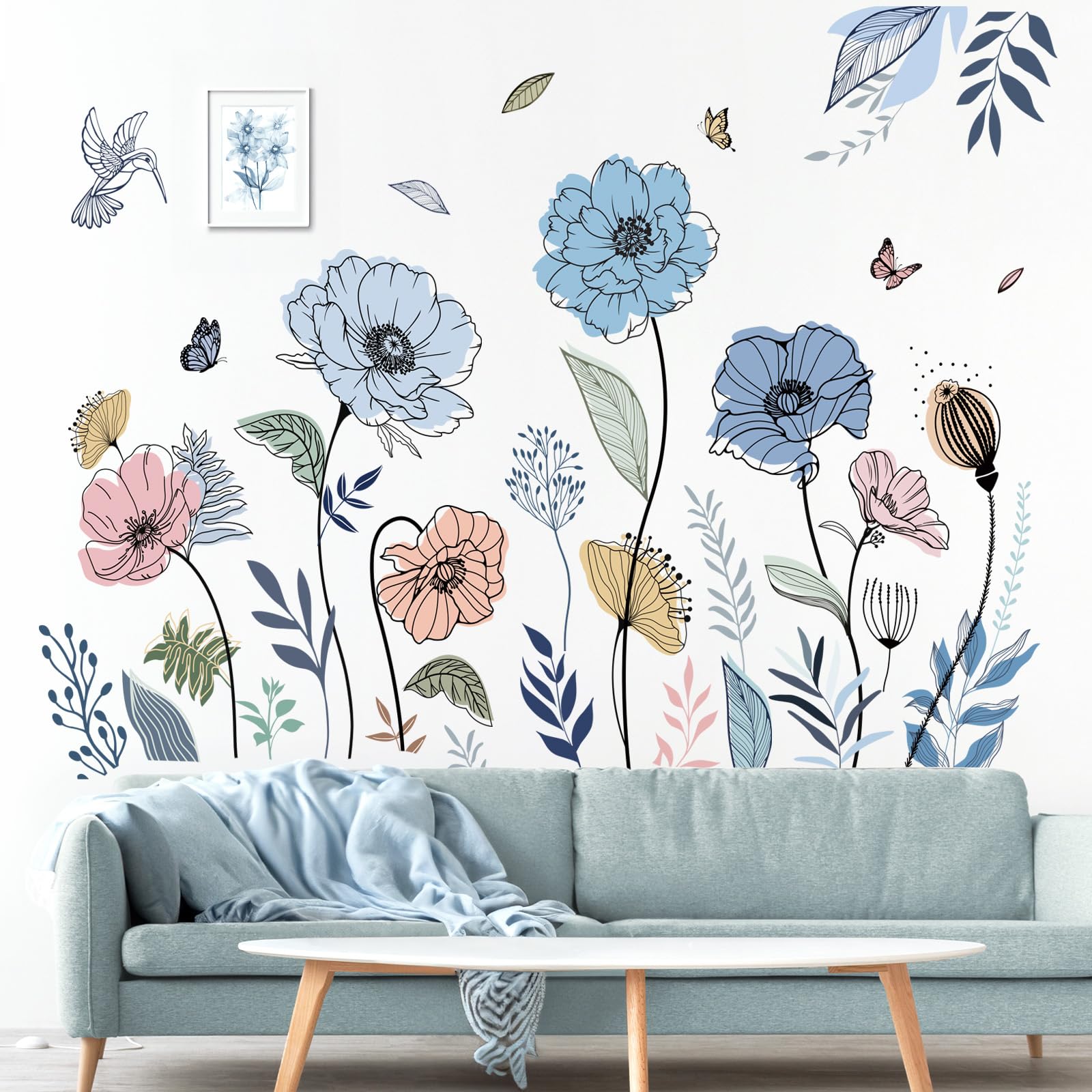 wondever Blue Boho Flower Wall Stickers Floral Grass Butterfly Peel and Stick Wall Art Decals for Living Room Bedroom TV Wall