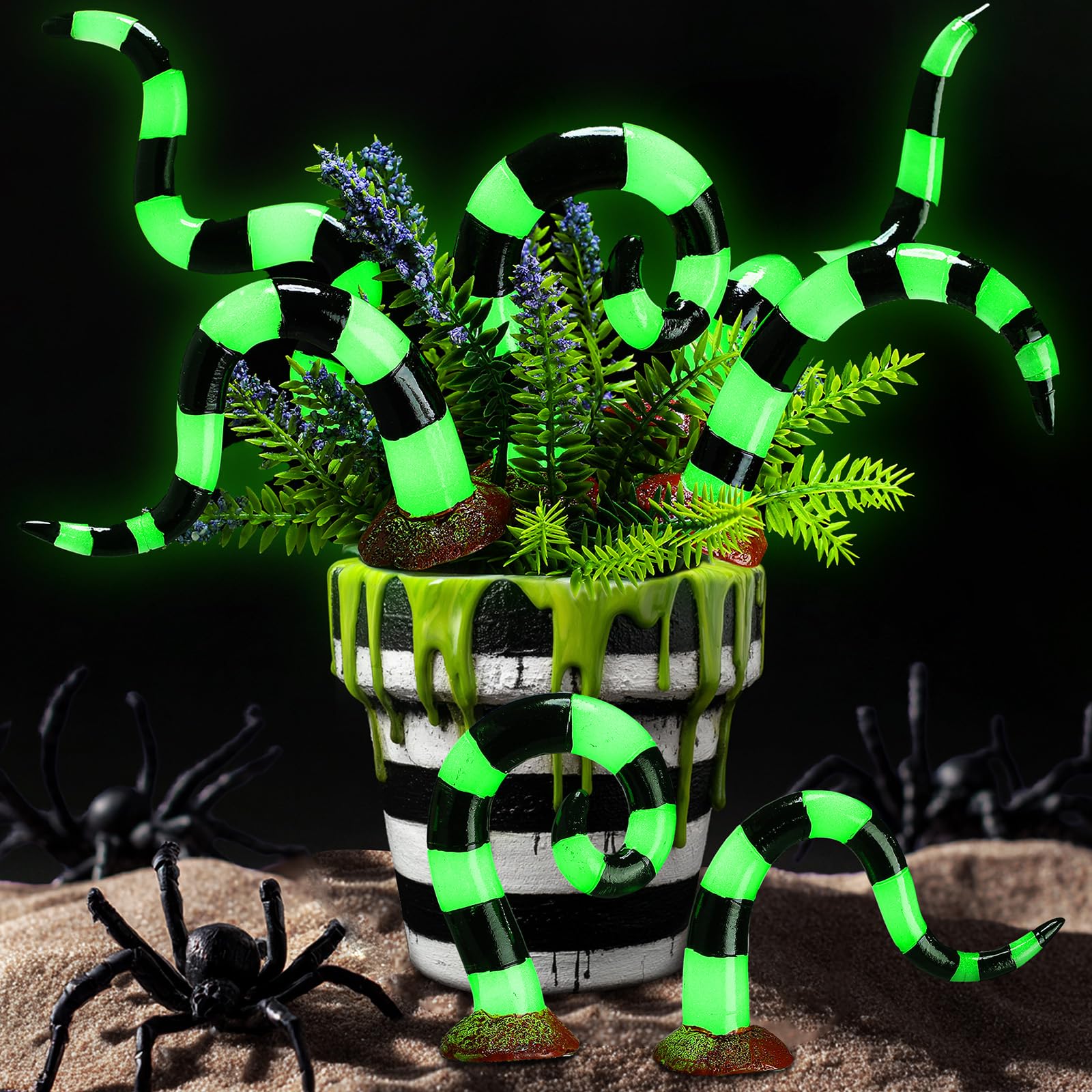 Photo 1 of Gemscream 6 Pcs Halloween Sandworm Decoration Glow in The Dark Sandworm Plant Stakes Polymer Clay Spooky Nightmare Worms Black and White Striped Plant Tentacle Picks for Front Porch Lawn Garden Decor