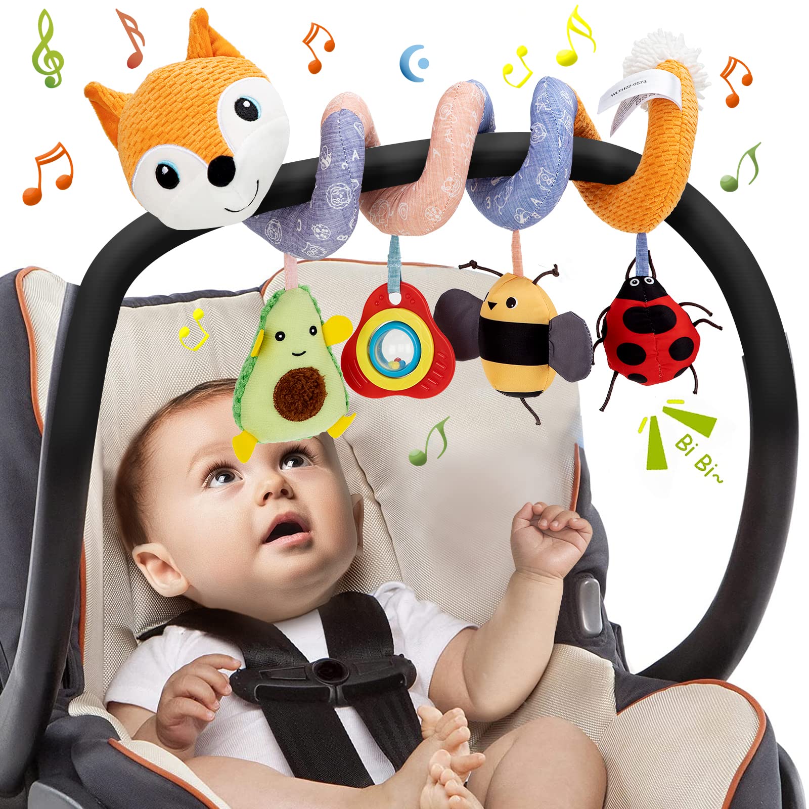 Funsland Spiral Pram Toys for Babies, Musical Infant Car Seat Stroller Spiral Hanging Toys for Baby Girl 3-12 Months, Sensory Early Education Plush Fox Crib Pushchair Toy for Baby, Newborn Gifts