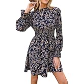 CUPSHE Women's Mock Neck Floral Mini Fall Dress Long Ruffle Sleeve Elastic Waist Smocked Casual Flowying Mini Dresses