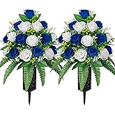 MOOMASS Artificial Cemetery Flowers – Grave Decorations, Cemetery Flowers for Grave Vase, Artificial Rose, Silk Flowers for Long-Lasting Remembrance(Dark Blue+White, 2 Bouquets)