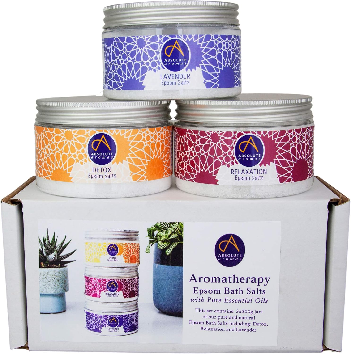 Absolute Aromas Relax & Revitalise Epsom Bath Salts Gift Set, 3 x 300g Lavender, Detox and Relaxation