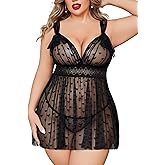 Avidlove Plus Size Lingeire for women Lace Babydoll Mesh Chemise Sexy Nightwear Sheer Nightie with Lace Up Bows L-4XL