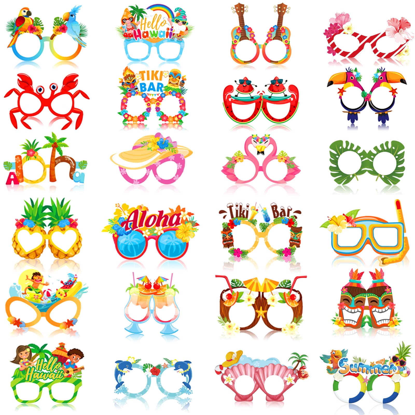 DPKOW Hawaiian Party Glasses, 24pcs Hawaii Tropical Party Paper Glasses TIKI Luau Party Favours for Adults Kids, Aloha Hawaii Photo Booth Props Summer Beach Pool Party Eyeglasses Eyewear, 24 Style — image 1