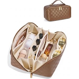 Large Capacity Travel Cosmetic Bag - Portable Makeup Bags for Women Waterproof PU Leather Checkered Makeup Organizer Bag with