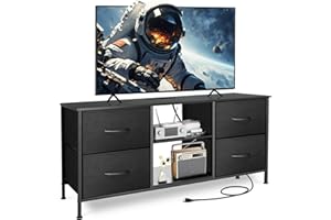 Sonharlar TV Stand for Bedroom, Television Stand for TV up to 46 Inch Entertainment Center Dresser for Bedroom with 4 Drawers Open Storage Shelves for Living Room, Entryway (Black and Charcoal Black)
