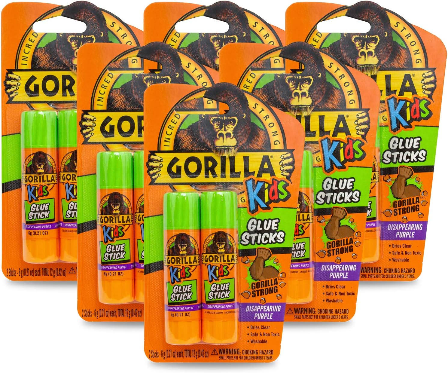 Gorilla Kids Disappearing Purple Glue Sticks, Two 6 Gram Sticks, (Pack of 6)
