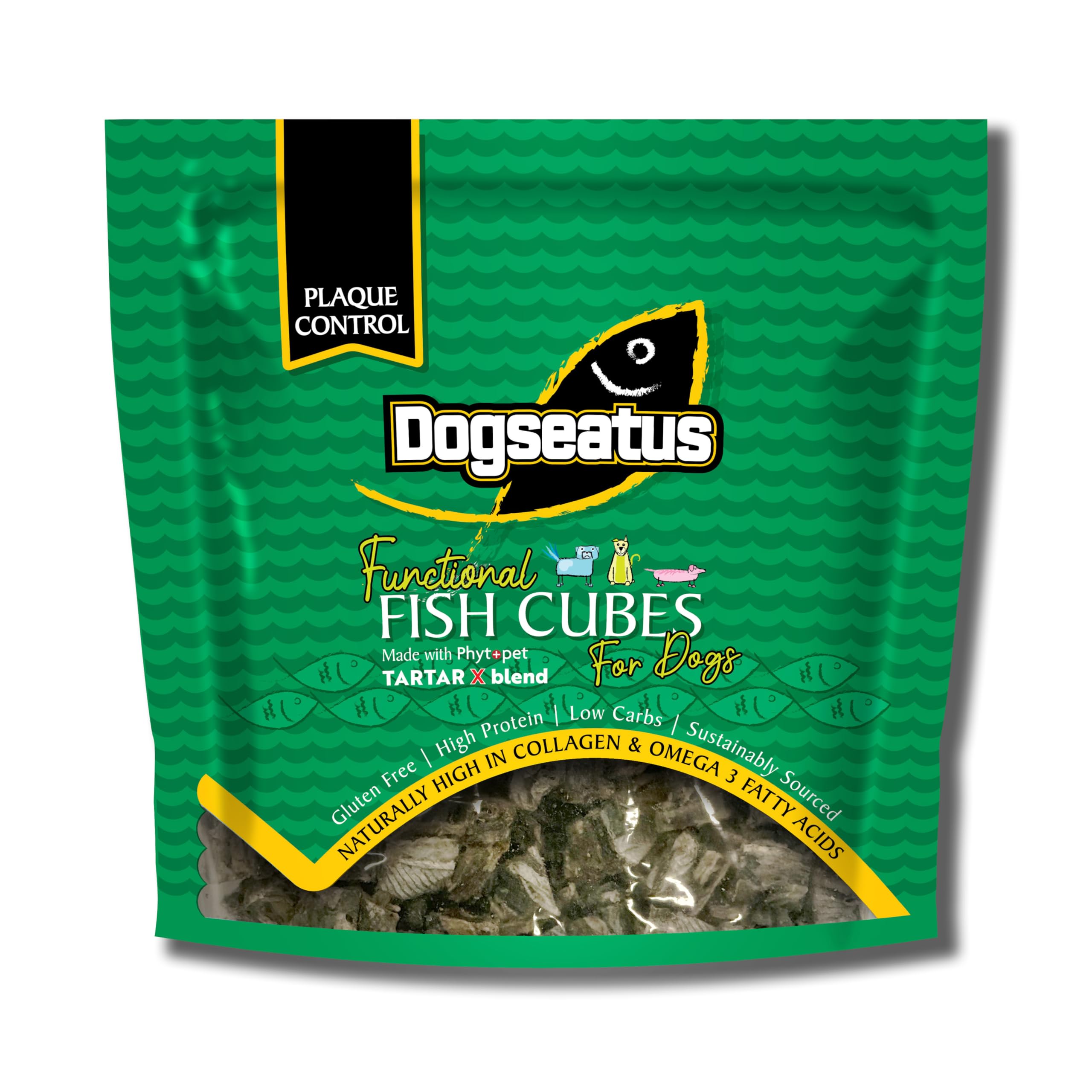 Pet Natural Dogseatus Fish Skin Cubes Teeth Cleaning with Seaweed, Peppermint & Parsley 100% Natural, Omega 3 & Collagen Long-Lasting Rawhide Alternative 500g