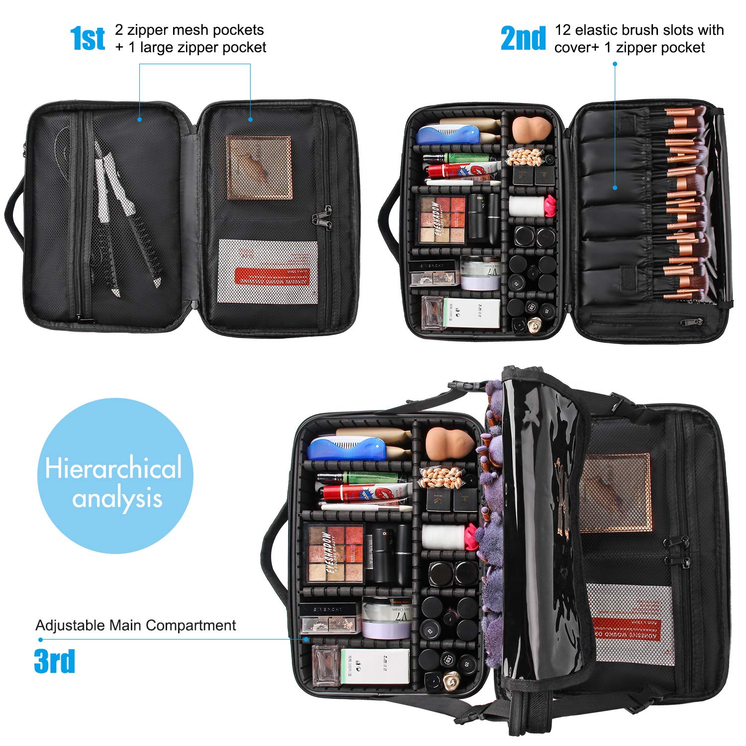 Relavel Makeup Bag Travel Makeup Train Case 13.8 inches Large Cosmetic Case Professional Portable Makeup Brush Holder Organizer and Storage with Adjustable Dividers and Shoulder Strap Black