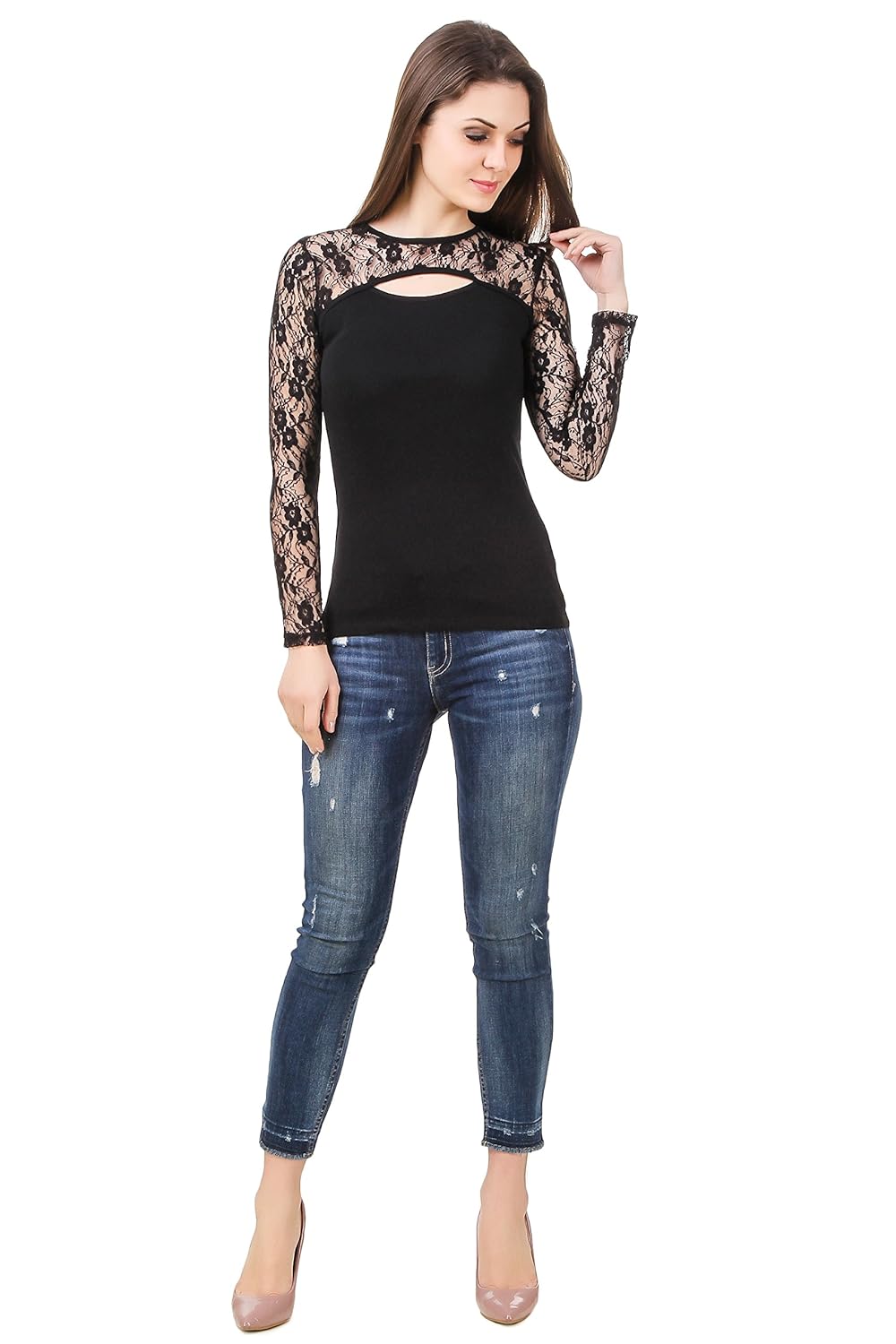 le bourgeois women's cut-out net yoke & sleeve top