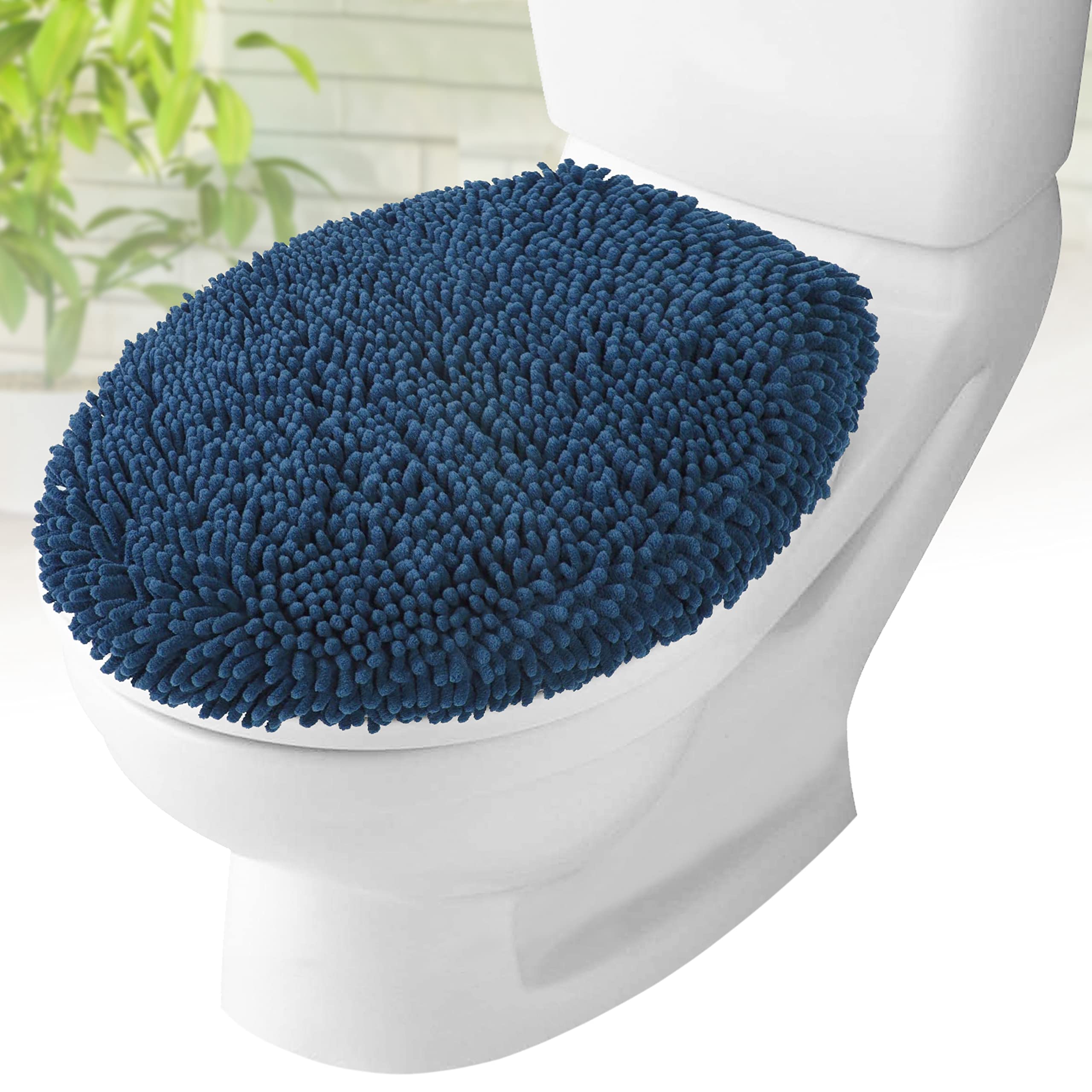 Photo 1 of Toilet Lid Cover - Dark Blue, Plush Microfiber Oval Toilet Seat Covers for Bathroom, Machine Washable Elongated Toilet Cover Seat, Stretches up to 21"x19"