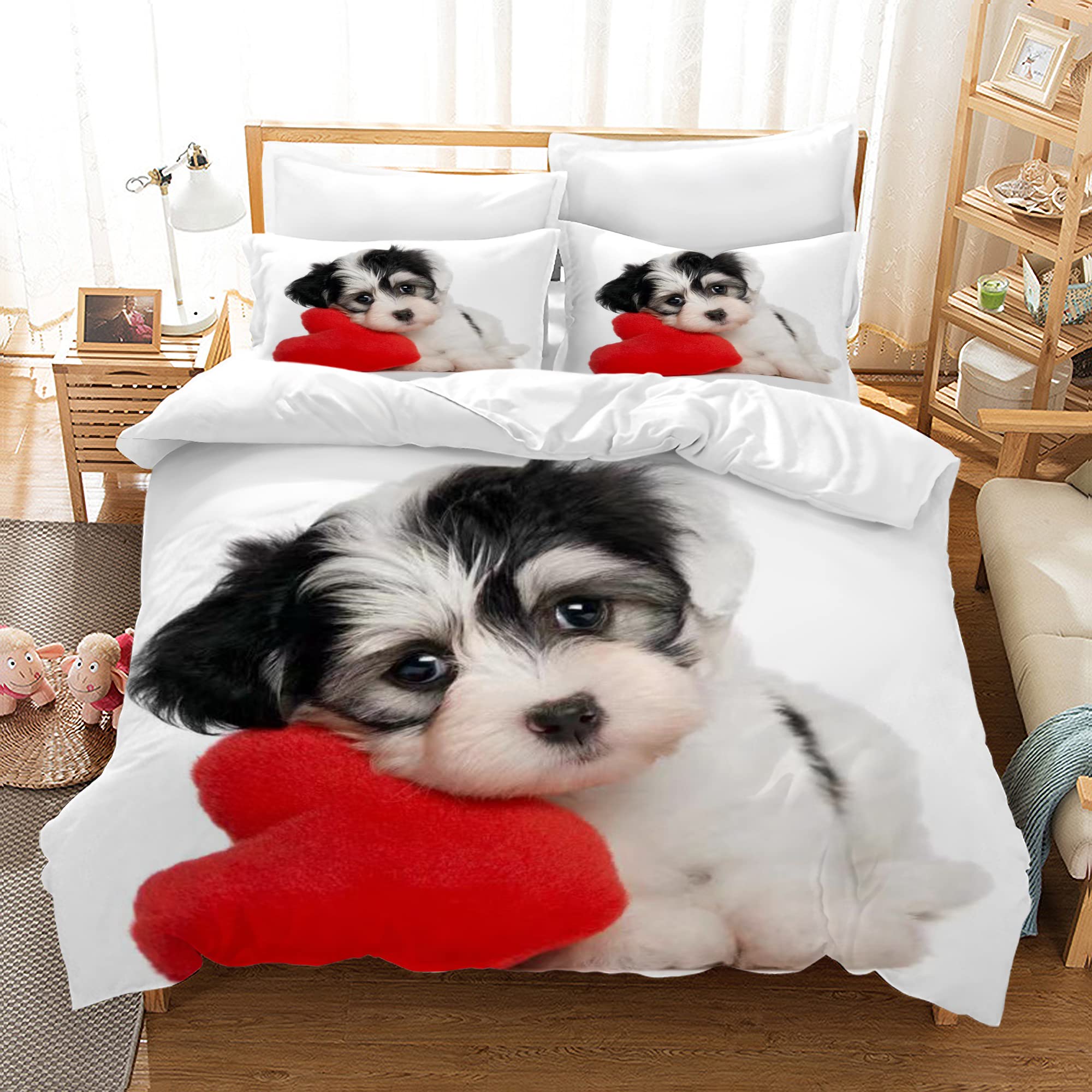 Duvet Cover Set Dog Bedding Sets Soft Microfiber Single Quilt Cover, 3D Animal Theme Bedroom Decor for Kids Adults Pet Dog Pattern Duvet Cover 3 Pieces with Zipper Closure (135cm x 200cm, love dog)