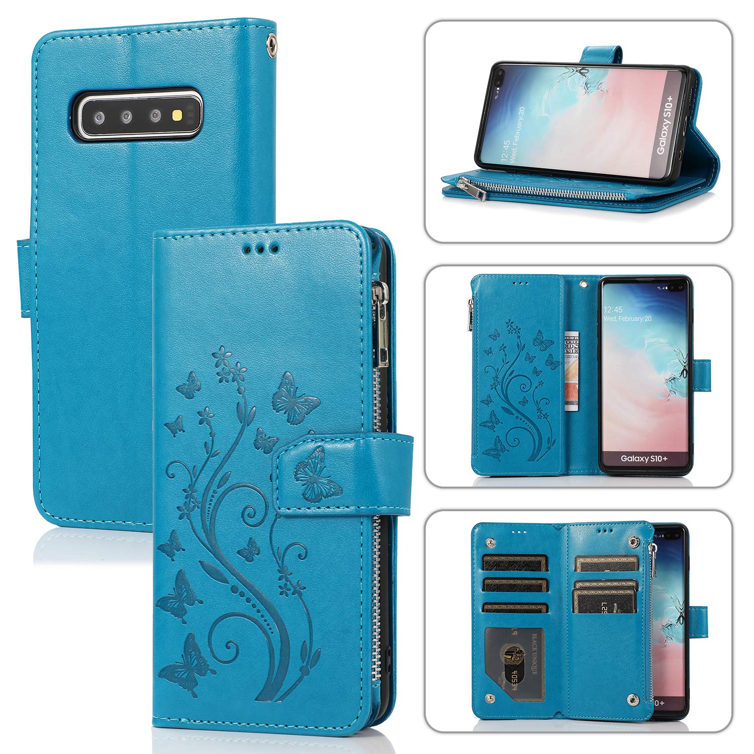 UEEBAI Wallet Case for Samsung Galaxy S10, Premium PU Leather Magnetic Closure Flower Pattern Handbag Zipper Pocket Case Kickstand Card Holder Slots Shockproof Flip Cover for Galaxy S10 - Blue